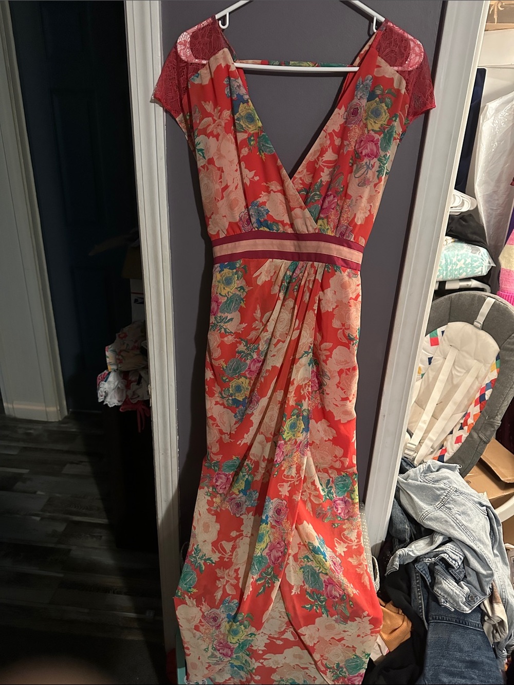 Coral Floral Wrap Maxi Dress with Cap Sleeves